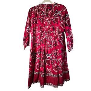 La Plage Indian Block Print Paisley Fuchsia Dress Pintuck Shift Tunic Coverup